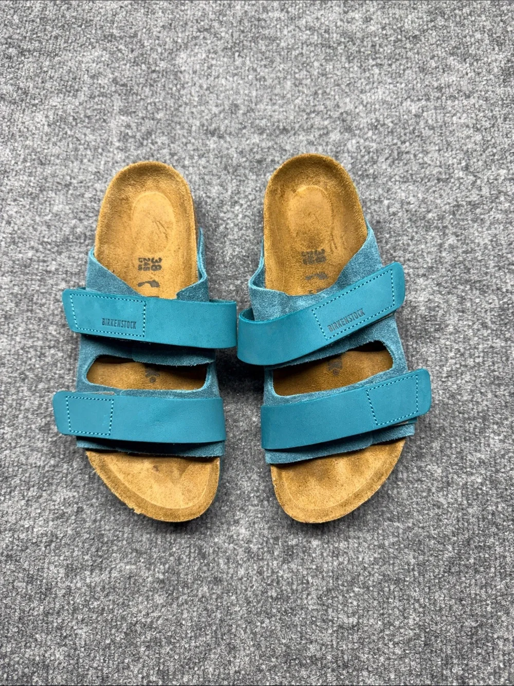 Birkenstock  Double-Strap Nubuck-Suede Deep Turquoise Leather Slide Sandals